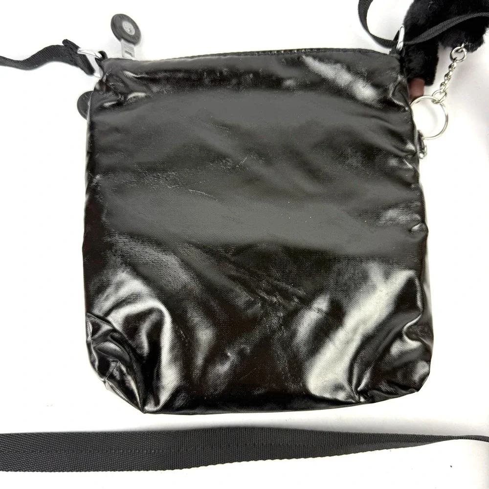 Kipling Alvar Crossbody Bag Small Shiny Black Triple Zip Monkey Charm NEW
